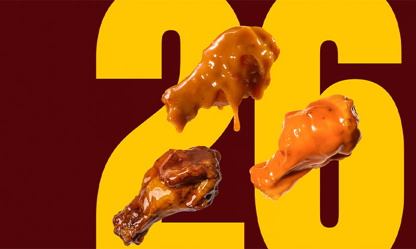 dark red background with number 26 in yellow and three chicken wings in the foreground