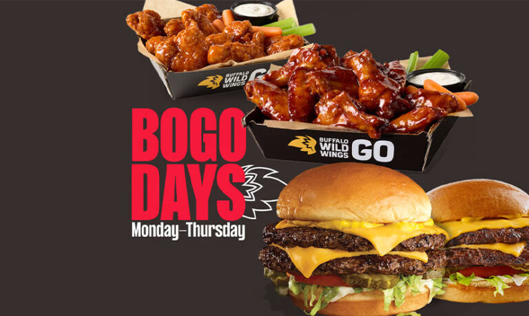 Image showing wings and burgers from Buffalo Wild Wings with the words "BOGO Days Monday - Thursday"