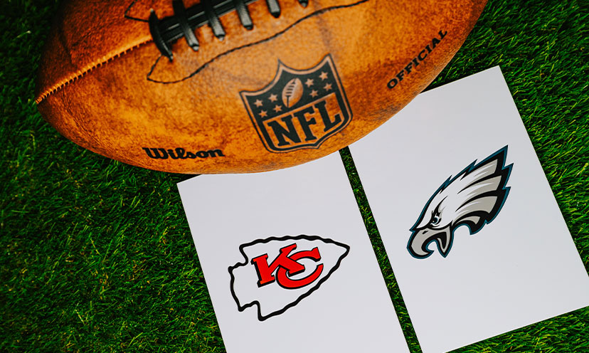Image of NFL logo football and the logos of the Kansas City Chiefs and the Philadelphia Eagles