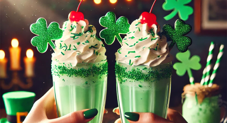 Image of minty shakes being used in a toast