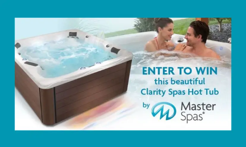Shows a couple in a hot tub and a overlay of a full hot tub