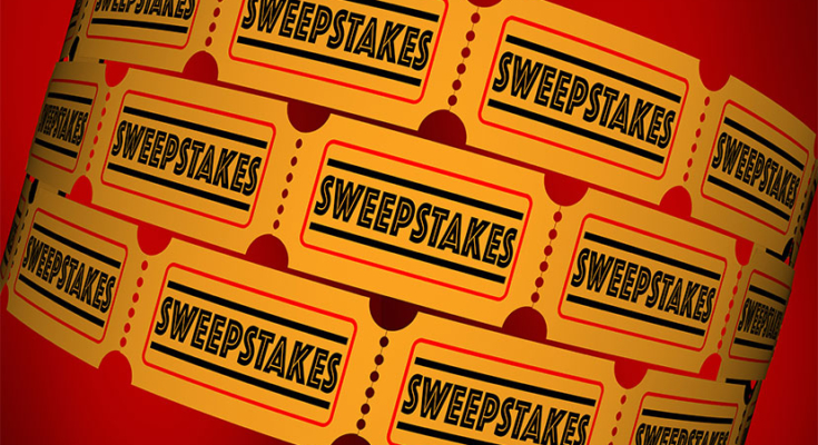 Graphic of raffle tickets with word "sweepstakes" on them.