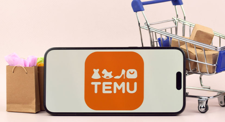Smartphone with Temu logo next to mini shopping bog and shopping cart filled with boxes