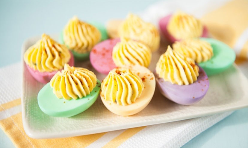 Deviled Eggs with the whites dyed pastel colors