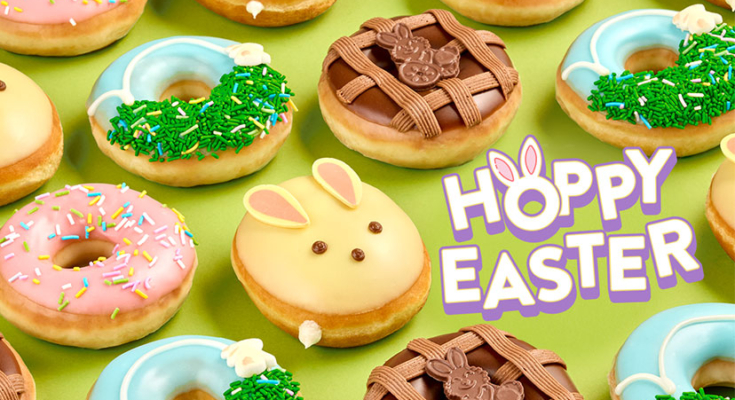 Krispy Kreme Easter Doughnuts with words "Hoppy Easter"
