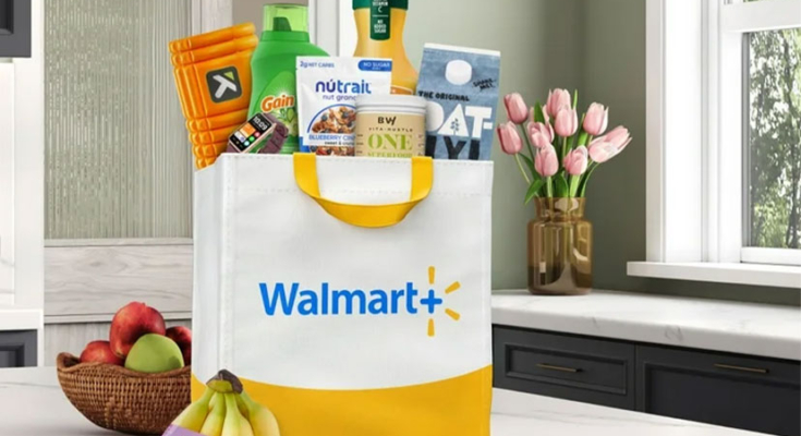 A Walmart+ bag with groceries on a kitchen counter