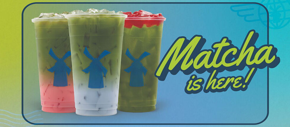 A graphic from Dutch Bros promoting new drinks with the words "Matcha is here!"