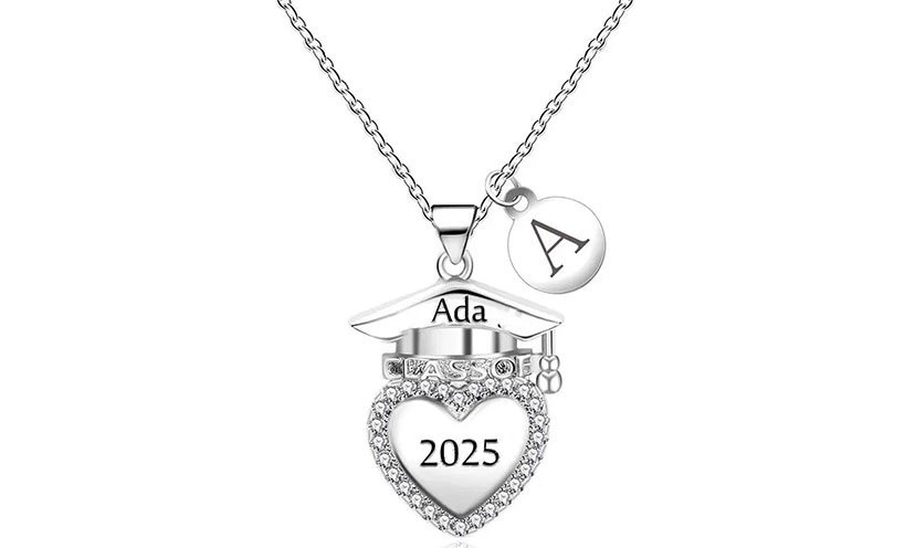 Necklace with a graduation cap and heart that reads "Ada Class of 2025" with another round charm that features the initial A 