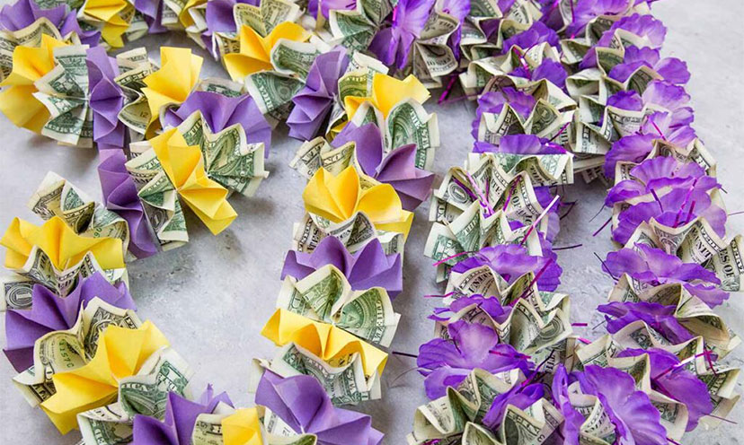 Leis made out of money and paper and silk flowers