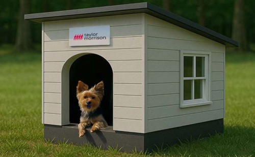 A custom dog house and dog inside