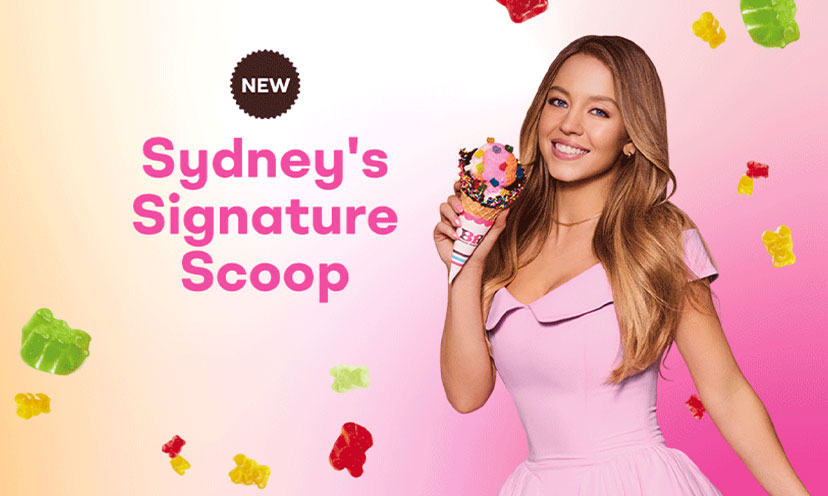 Sydney Sweeney posing with ice cream cone for Baskin Robbins